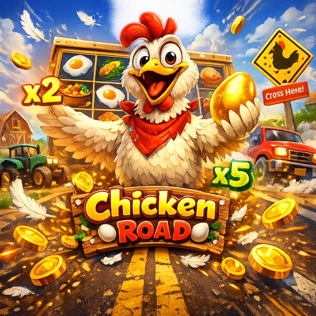Bright promotional image for Chicken Road game featuring a humorous chicken, road lanes, and floating coins.